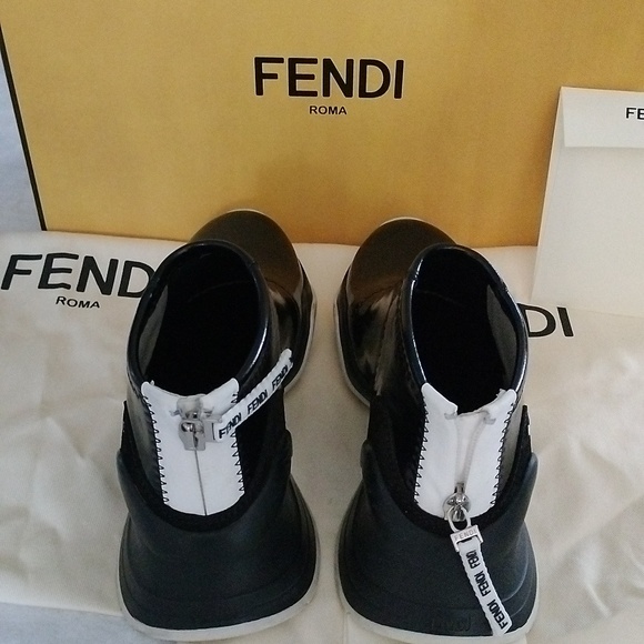 Fendi Black Glossed Neoprene Zip Sneakers Size 5.5/36 - Picture 3 of 16